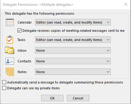 The delegate permissions window with options for delegate permissions.