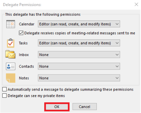 Delegate Permissions window with the folder permissions displayed and the OK button highlighted.