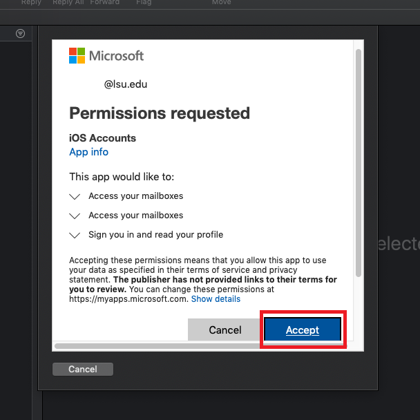 permission requested dialog box in mac mail accept highlighted