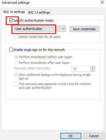 User Authentication selected in the dropdown for authentication mode