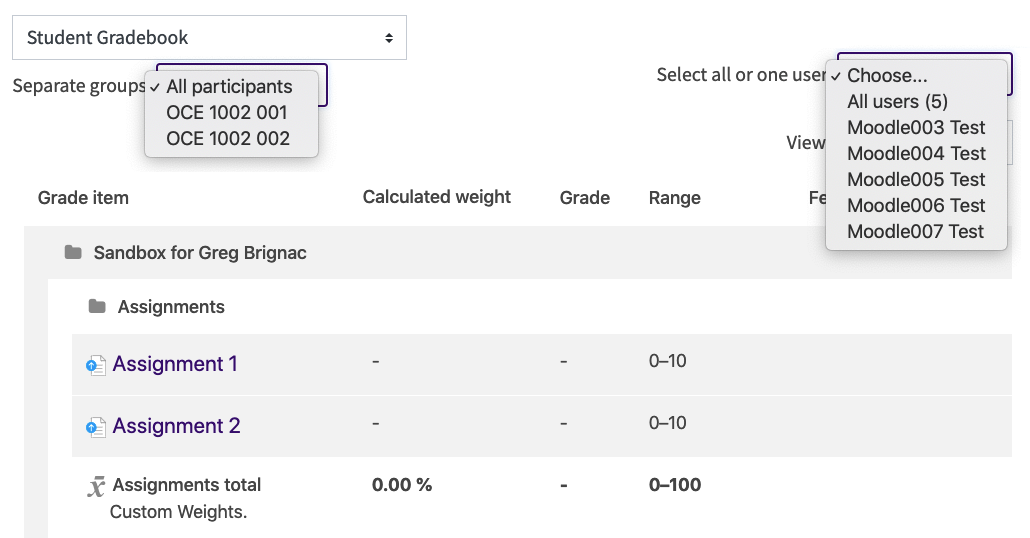 Student Gradebook view with group and user filters expanded