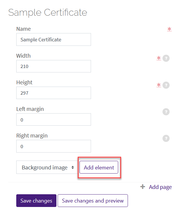 certificate edit page with "add element" highlighted