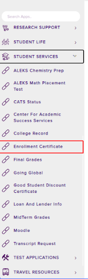 Select Student Services Tab and Enrollment Certificate Section