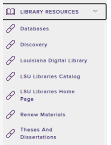 Library Resources drop down in myLSU