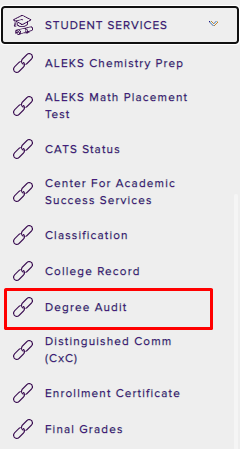 degree audit option under the student services tab at the left hand side panel.