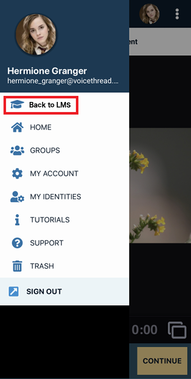 Menu open to select the button "Back to LMS" to return to Moodle