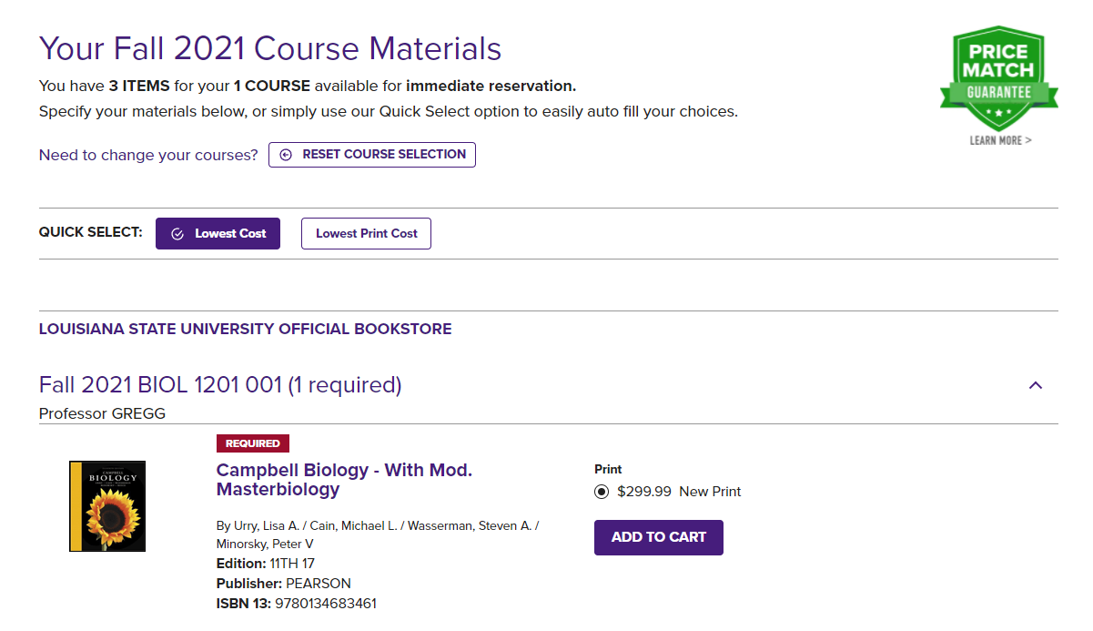 Example course material textbooks required page on the LSU bookstore website