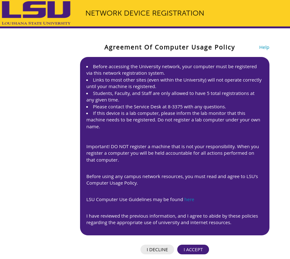 Computer Usage Policy Agreement with accept button at the bottom right