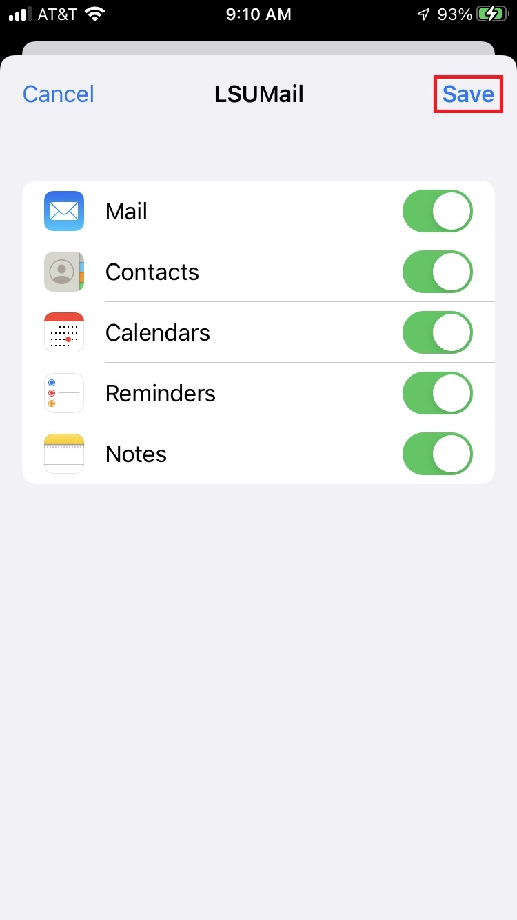 Settings screen with e-mail's sync-able apps selected