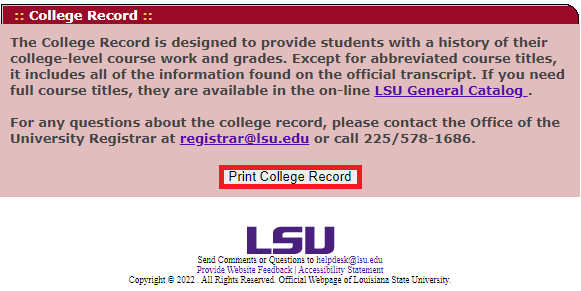 Print College Record button selected