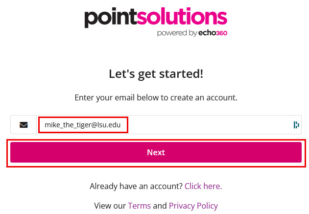 Create PointSolutions account. Enter email and click next.