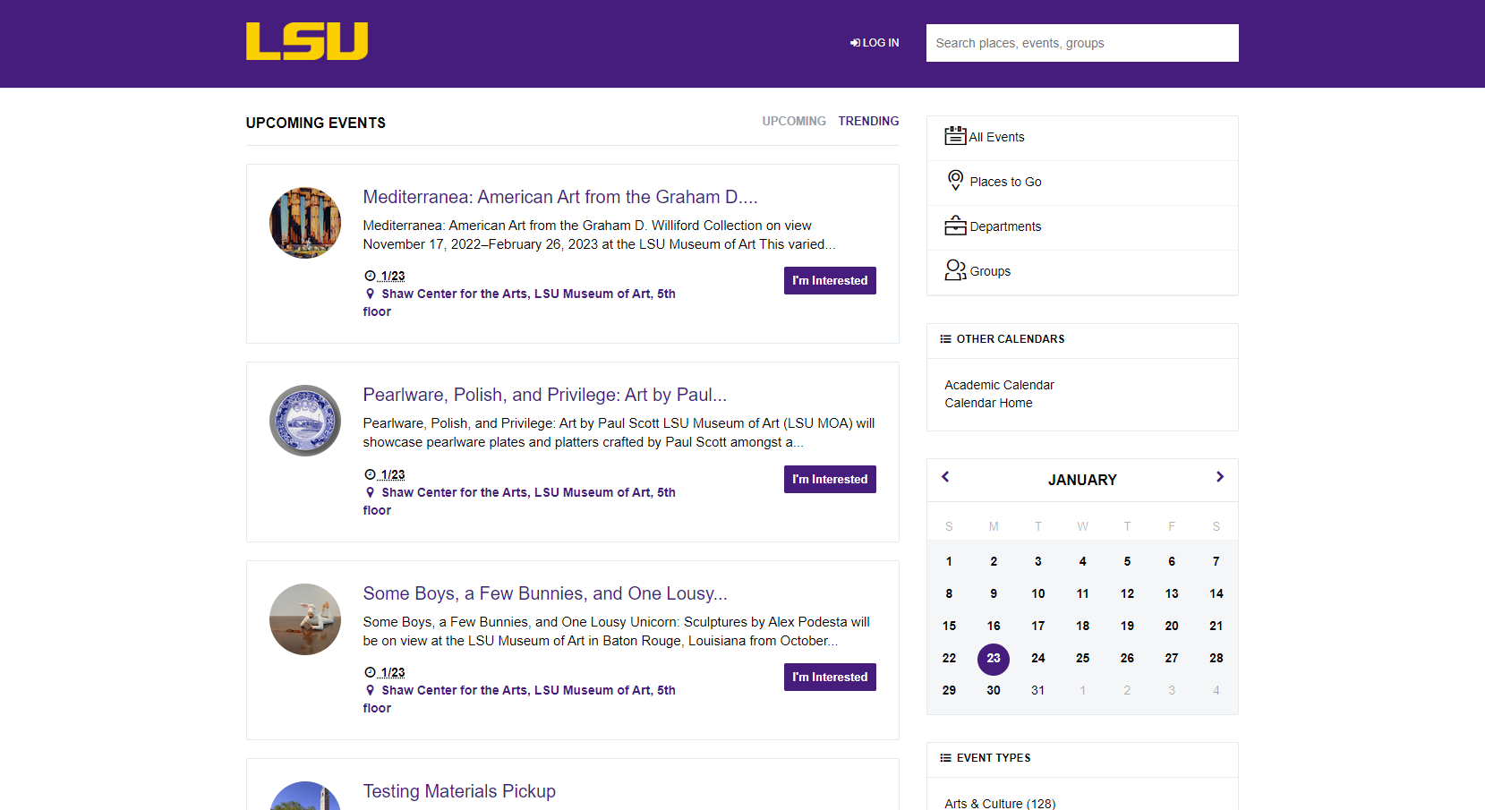 LSU calendar homepage with default events calendar