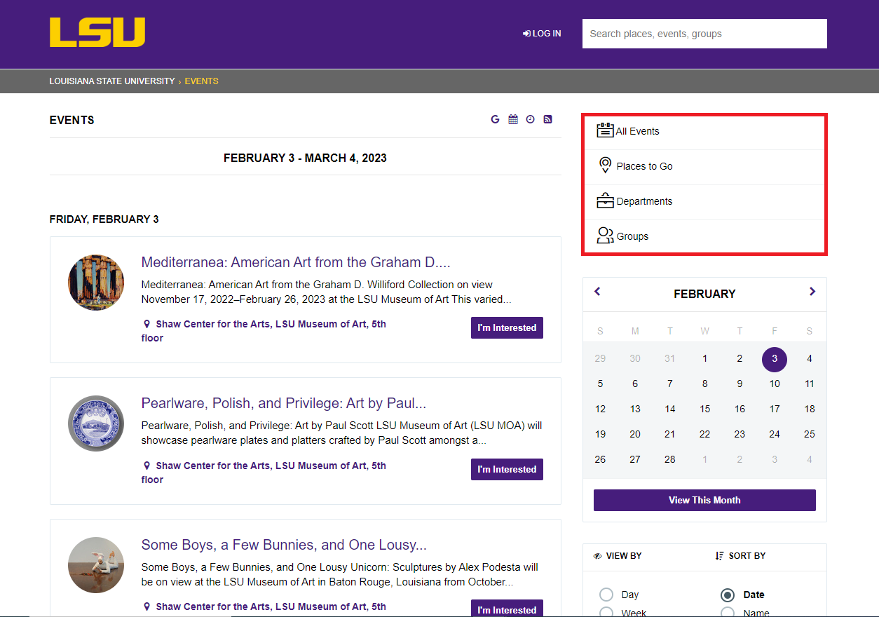 LSU Calendar homepage with department filtering options