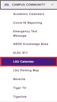 LSU Calendar option under myLSU campus community