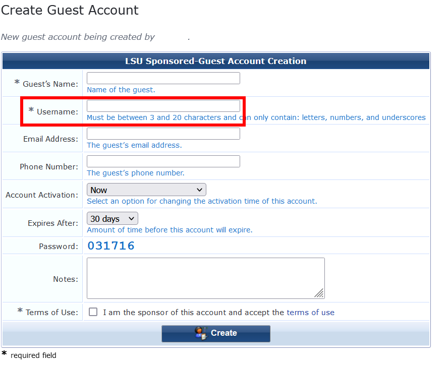 username for LSU Guest Account Creation
