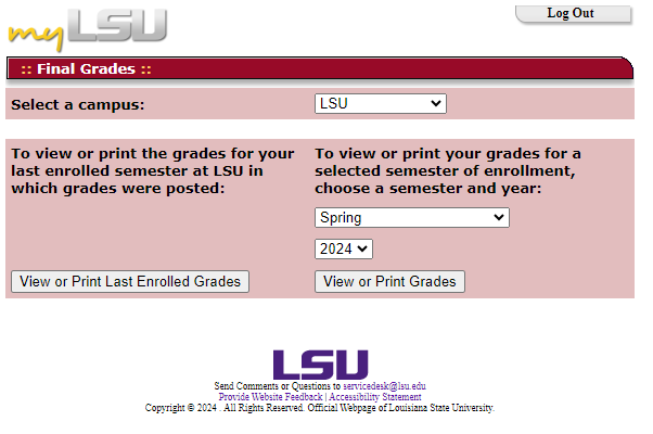 Final grades view selection screen
