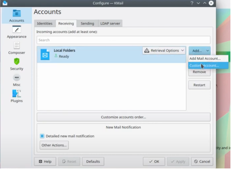 KMail create custom account