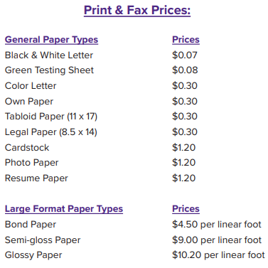 Print pricing 7 cents for black and white or 30 cents for color