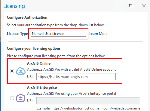 arc G I S license screen with named user license in drop down and arc G I S online selected