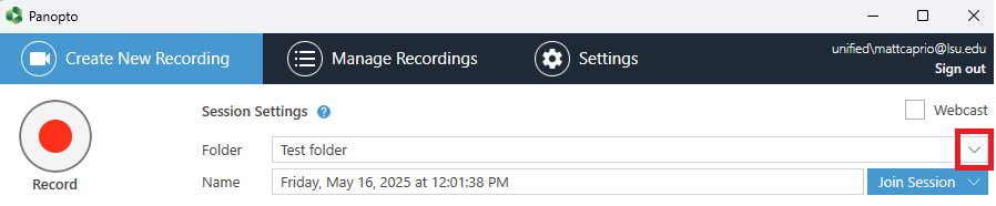Choosing Folder in Panopto Recorder