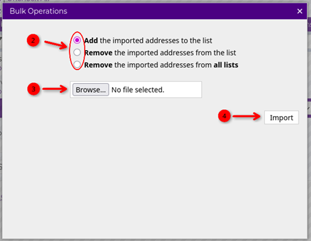 add or remove options, browse files, and import button