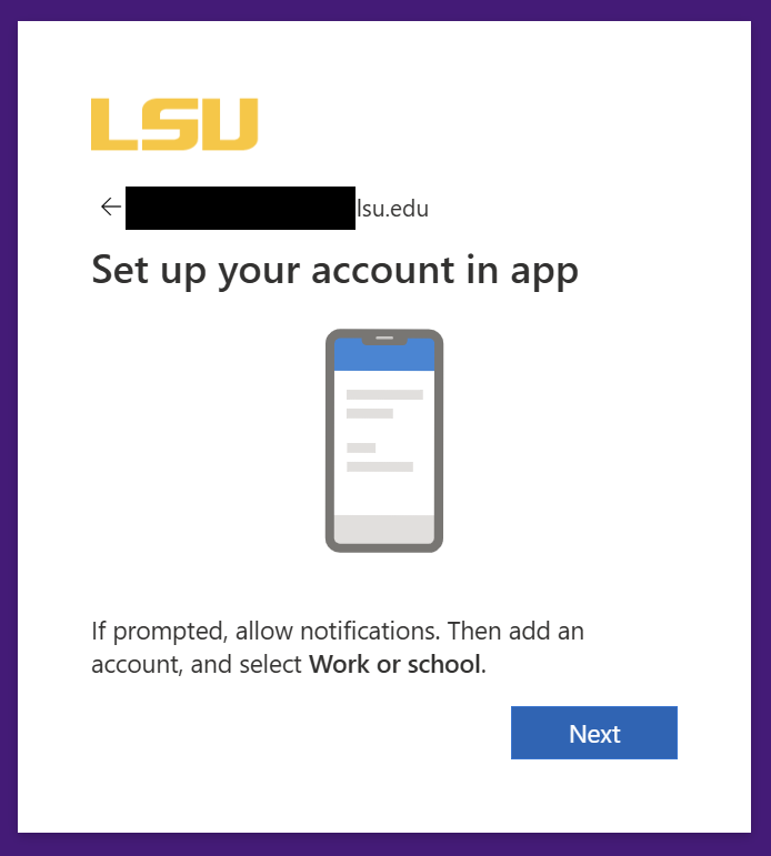 MFA enrollment prompt reading "set up your account in app"