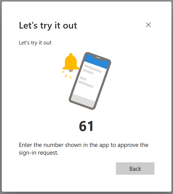 a screen reading "lets try it out" and providing a 2 digit code for use with the authenticator app