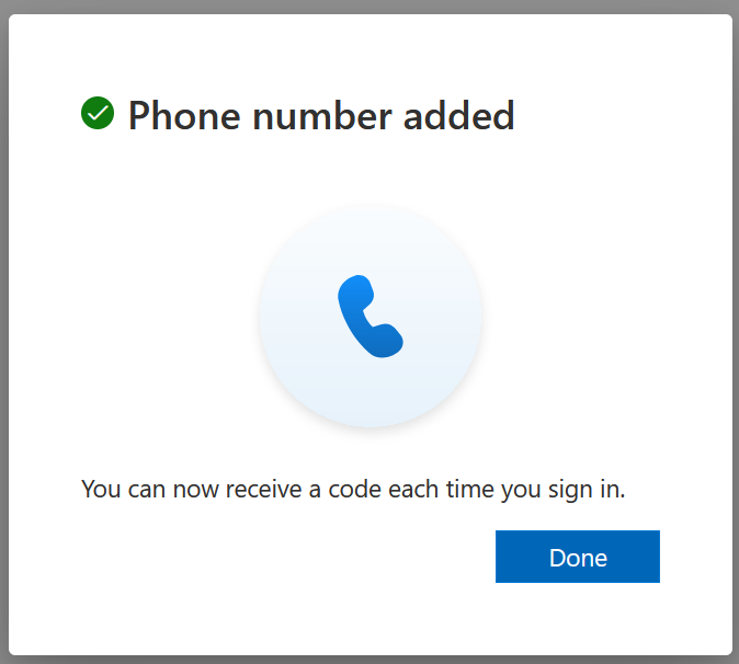 phone number added success screen