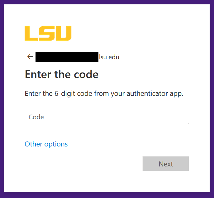 a prompt asking for the 6 digit code from the authenticator app