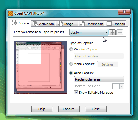 corel screen capture format